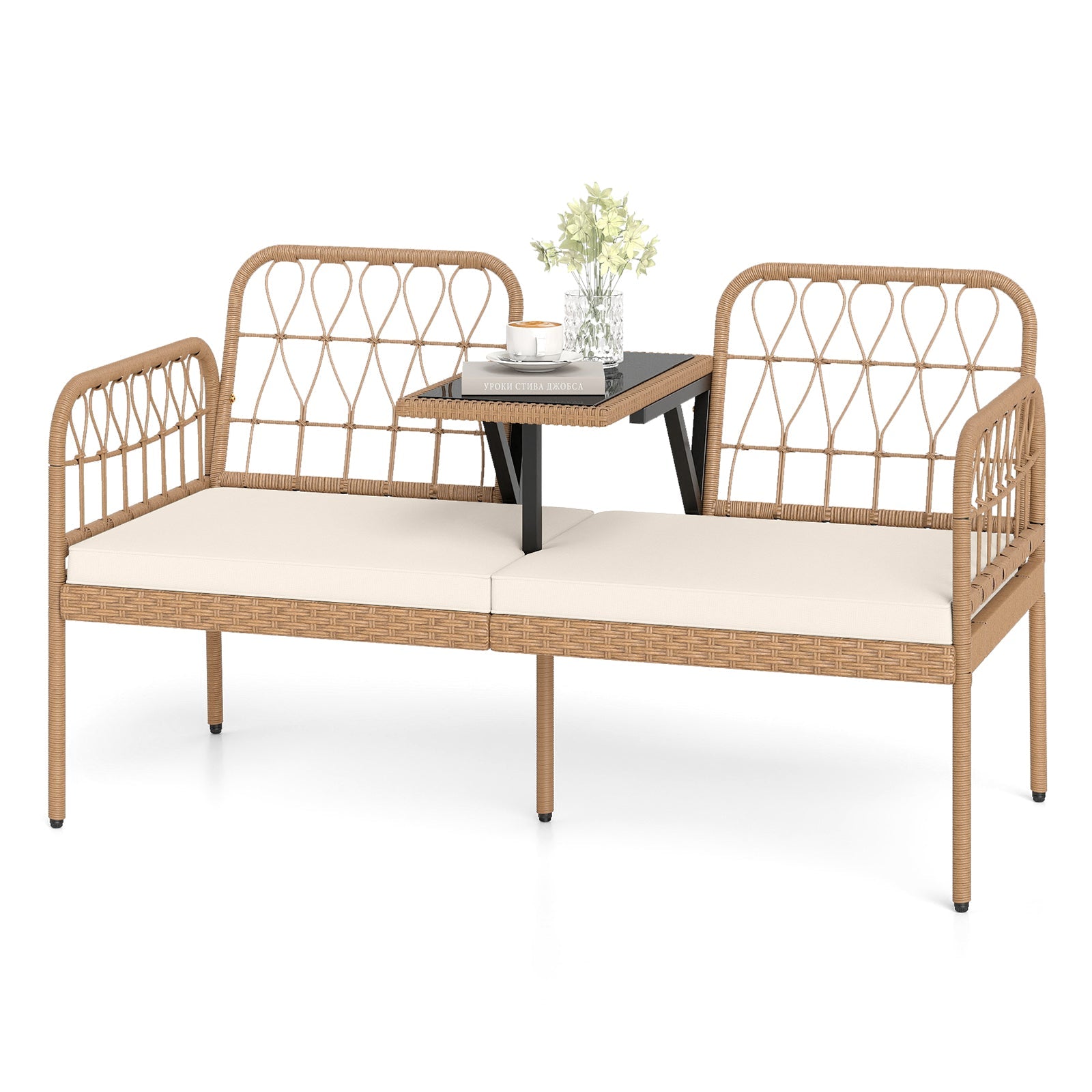 2-Seat PE Rattan Outdoor Loveseat with Built-in Coffee Table and Soft Cushions