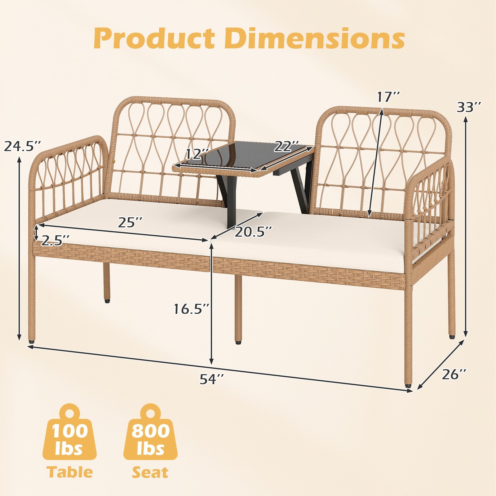 2-Seat PE Rattan Outdoor Loveseat with Built-in Coffee Table and Soft Cushions
