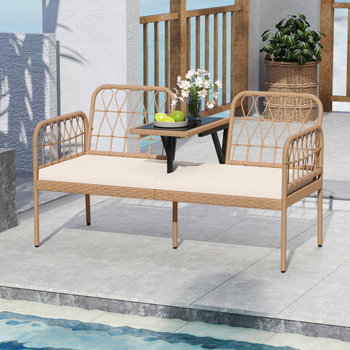 2-Seat PE Rattan Outdoor Loveseat with Built-in Coffee Table and Soft Cushions