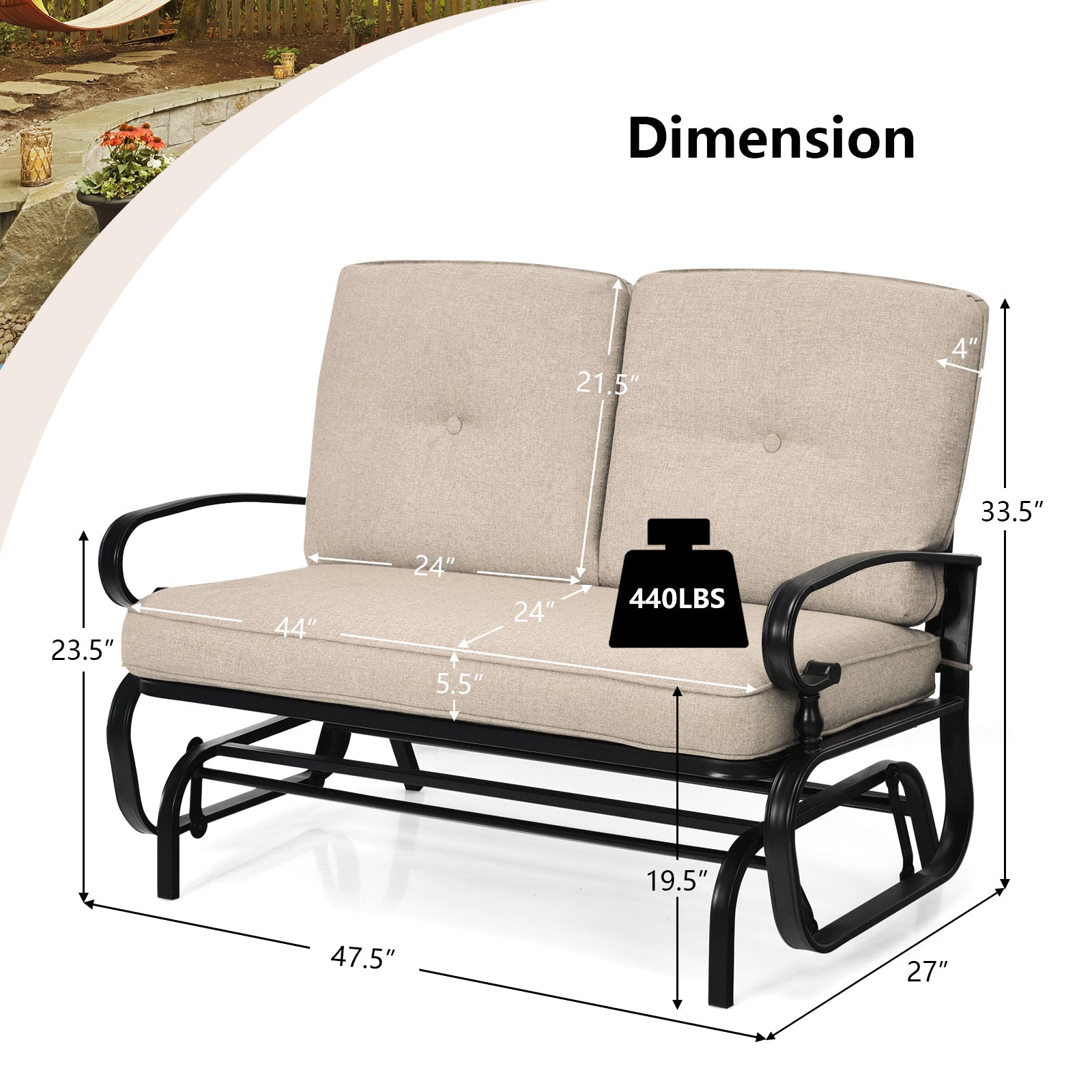 2 Seats Outdoor Swing Glider Chair with Cushions