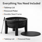 Fire Chief Wood Burning Fire Pit with Tabletop Lid â€“ Modern Outdoor Metal Fire Pit for Patio & Backyard â€“ Premium Heavy Duty Fire Pit Bowl with Multi-Use Side Table (Decorative Bowl)