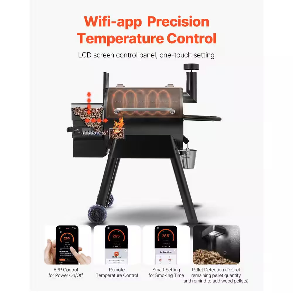 Wood Pellet Grill and Smoker, 8 in 1 BBQ Grills for Outdoor Cooking, 575 Sq.In. Cook Area Electric Smokers,Control Black