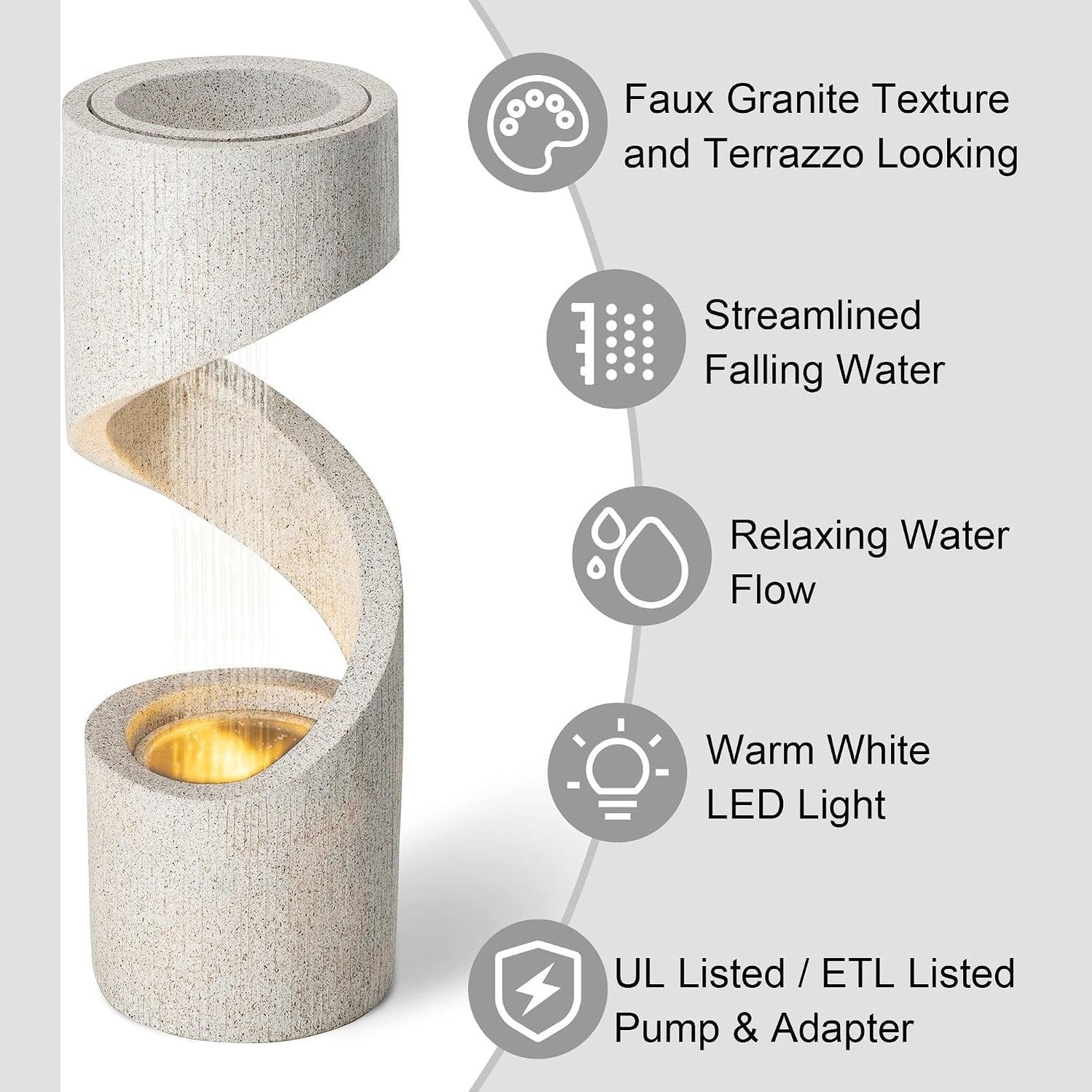 Outdoor Water Fountain with LED Light, Modren Curved Waterfall Fountain with Stone Planter, Faux Terrazzo Spiral Shaped Outdoor Fountains Water Feature for Garden Patio Deck Porch, 40.25â€H