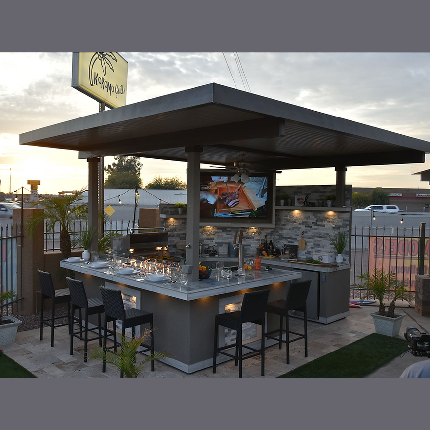Bermuda Kitchen BBQ Island with Built-In TV, Fire Pit & Bar