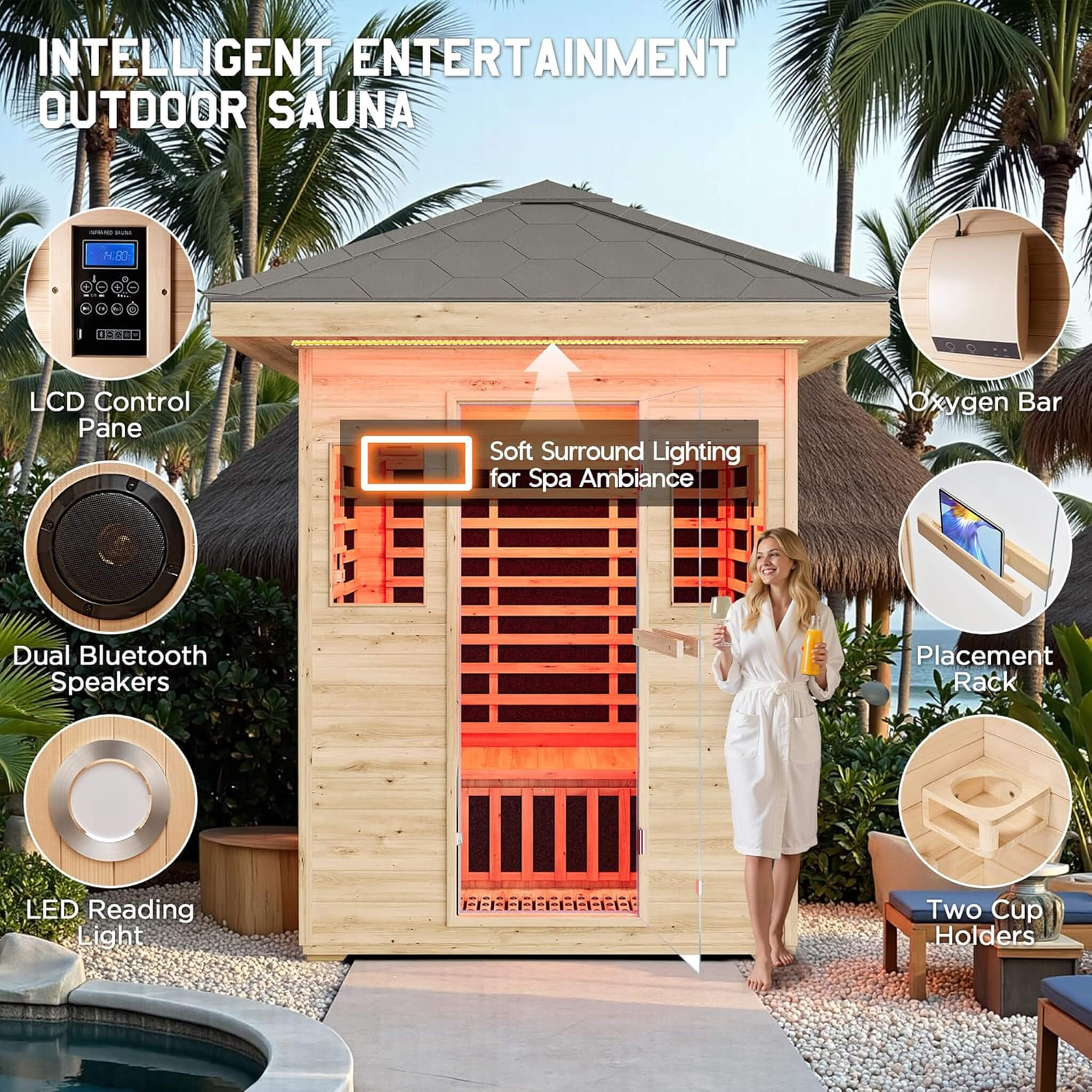 The Zurich 3-Person Low EMF Spruce Wood Outdoor Infrared Sauna with Bluetooth Speakers and LED Lights