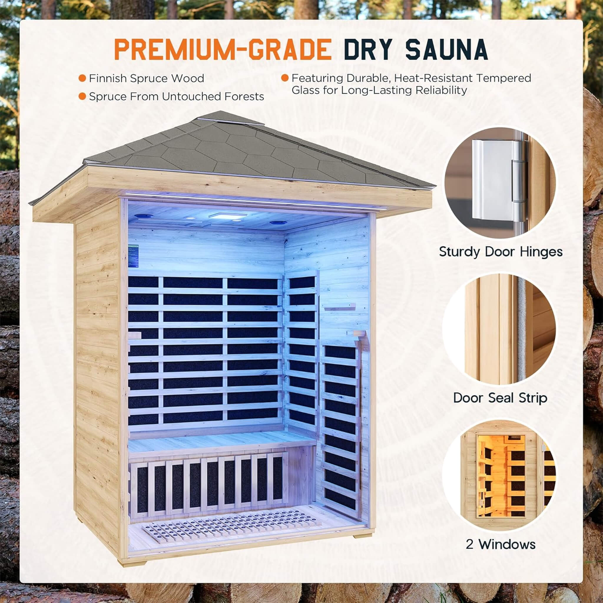 The Zurich 3-Person Low EMF Spruce Wood Outdoor Infrared Sauna with Bluetooth Speakers and LED Lights