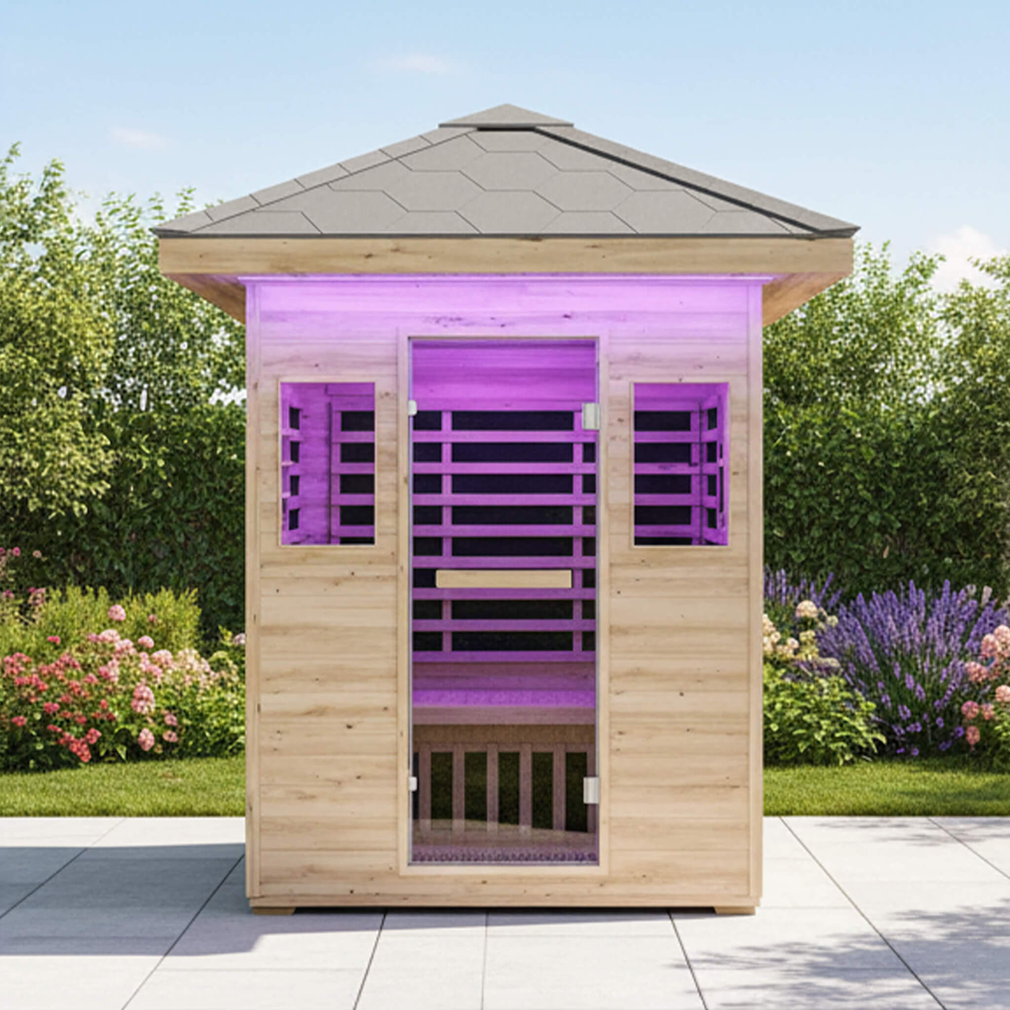 The Zurich 3-Person Low EMF Spruce Wood Outdoor Infrared Sauna with Bluetooth Speakers and LED Lights