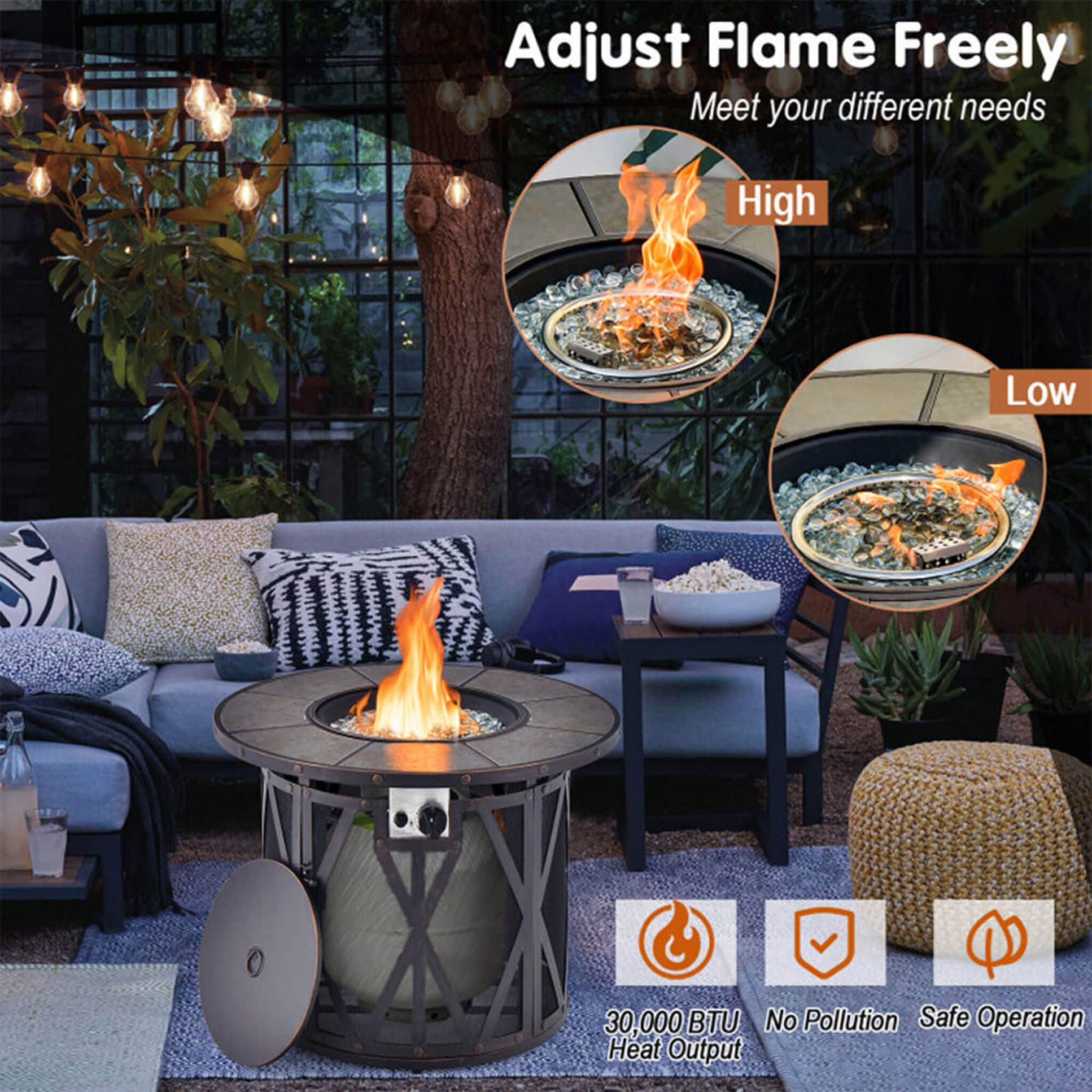 30K BTU Premium Outdoor Patio Gas Fire Pit Table with Fire Glass and Cover, 32"