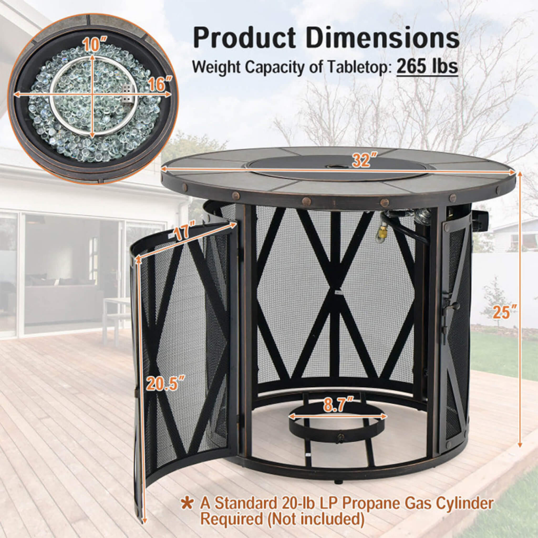30K BTU Premium Outdoor Patio Gas Fire Pit Table with Fire Glass and Cover, 32"