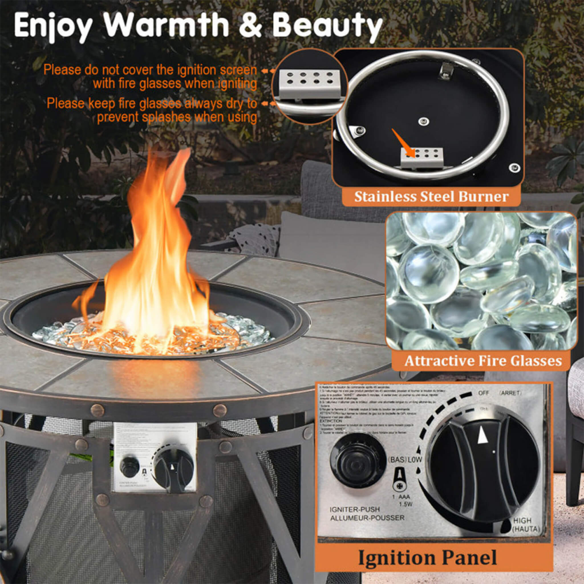 30K BTU Premium Outdoor Patio Gas Fire Pit Table with Fire Glass and Cover, 32"