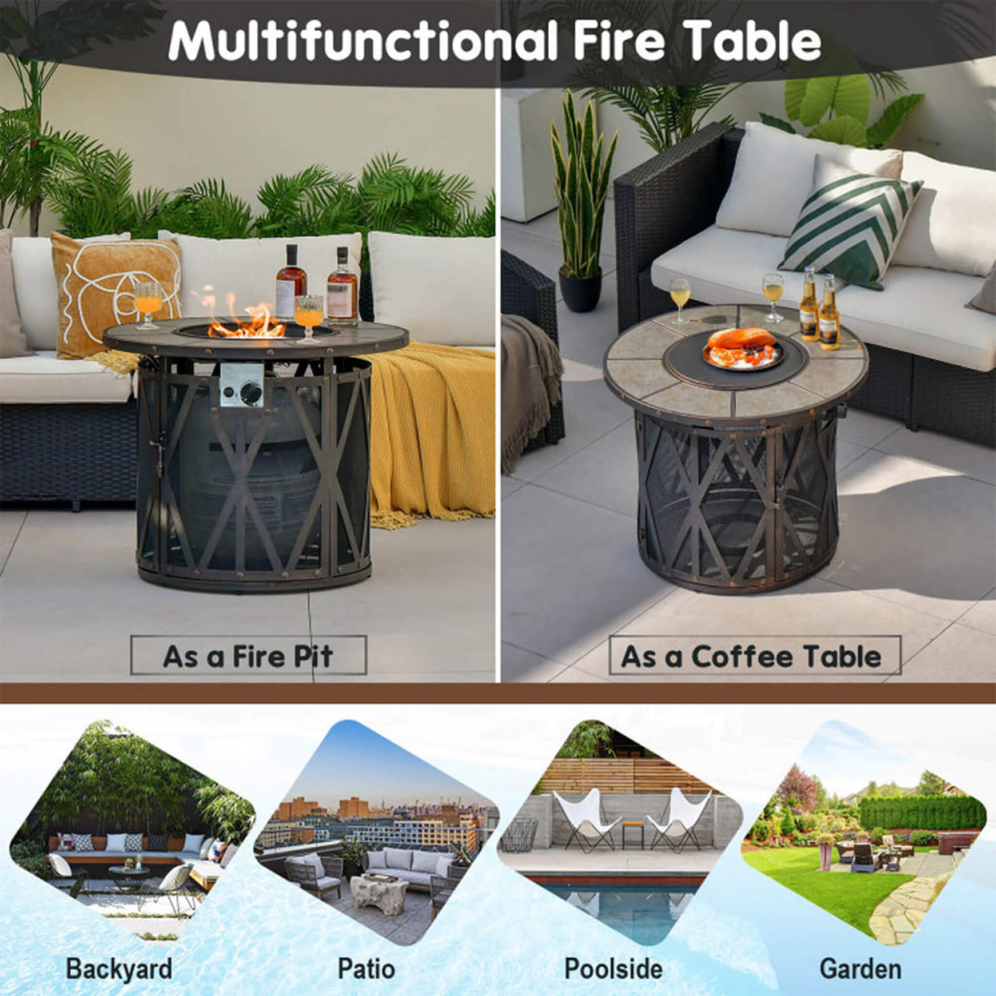 30K BTU Premium Outdoor Patio Gas Fire Pit Table with Fire Glass and Cover, 32"