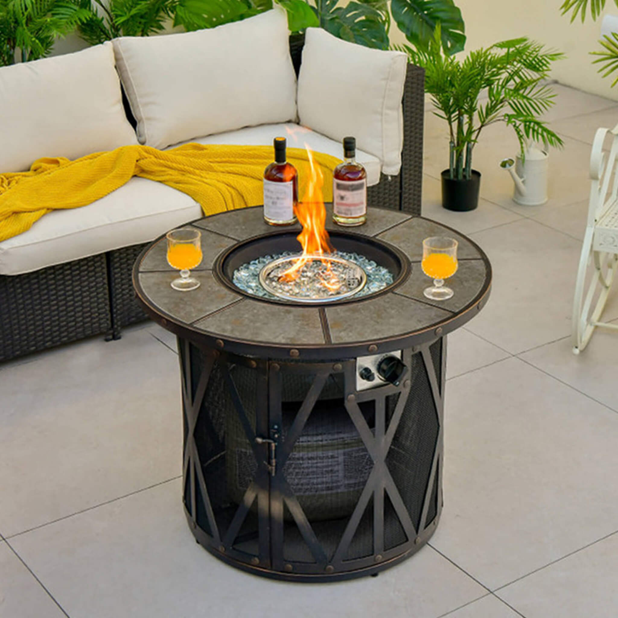 30K BTU Premium Outdoor Patio Gas Fire Pit Table with Fire Glass and Cover, 32"