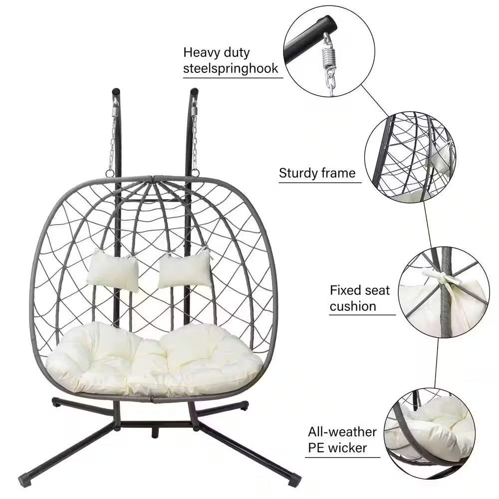 Hanging Swing 2 Seat Chair with Stand, Patio Wicker Hammock Egg Swing with Cushion for Bedroom Garden Indoor Outdoor