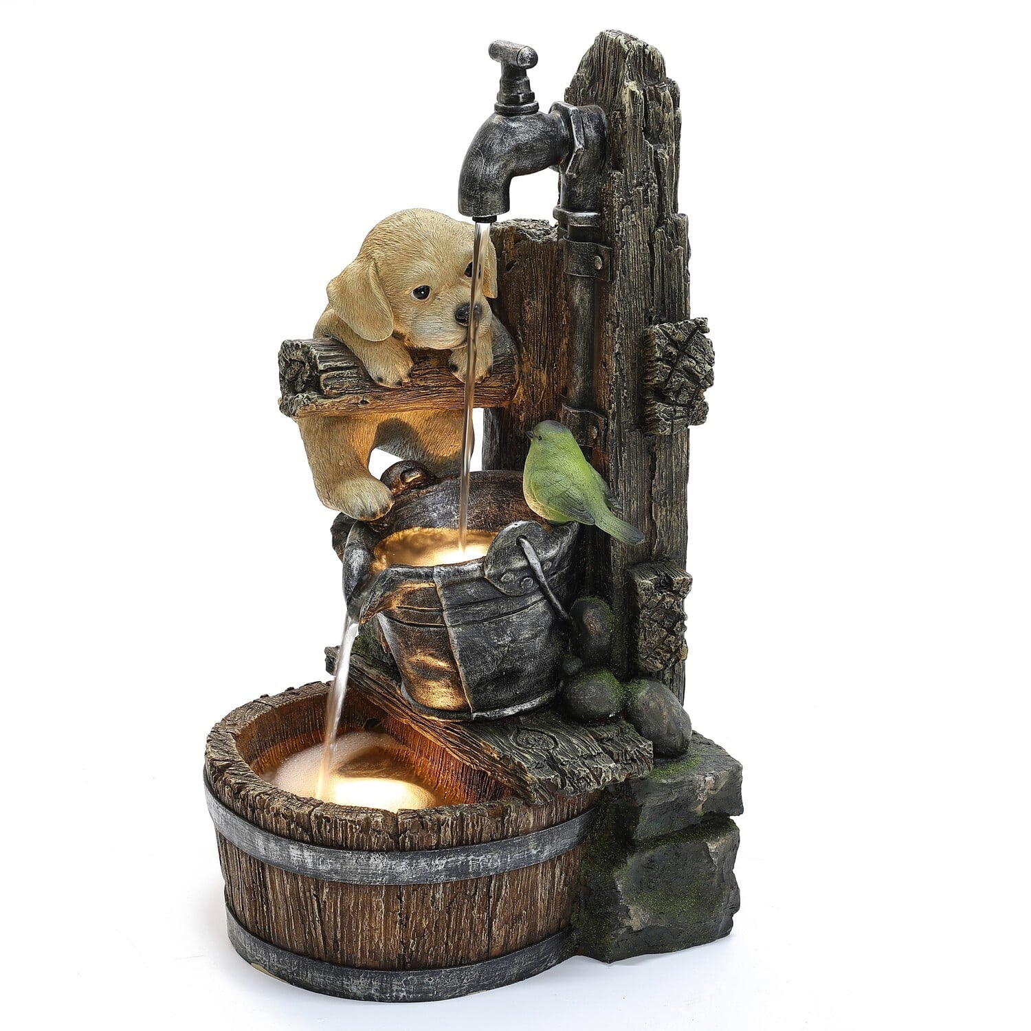 Luxenhome Outdoor Water Fountain, 25 Inch Whimsical Puppy Dog Resin Water Fountains Indoor with LED Lights