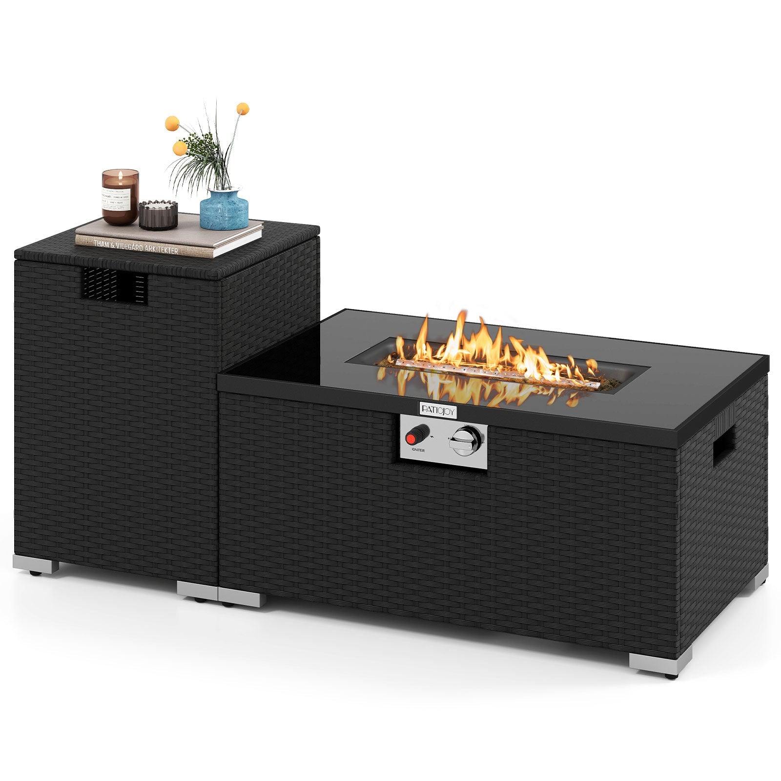 2-Piece Outdoor Rattan Fire Table Set - 32 Inch Rectangle Gas Firepit with Tank Cover - 3 colors