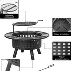 36 Inch Outdoor Fire Pit with Grill,Wood Burning Firepits for outside with Lid & Fire Poker,Metal 3-In-1 Fire Pit Table with Cooking Grate,Outdoor Fireplaces for Bonfire,Yard,Bbqï¼ˆJet Blackï¼‰