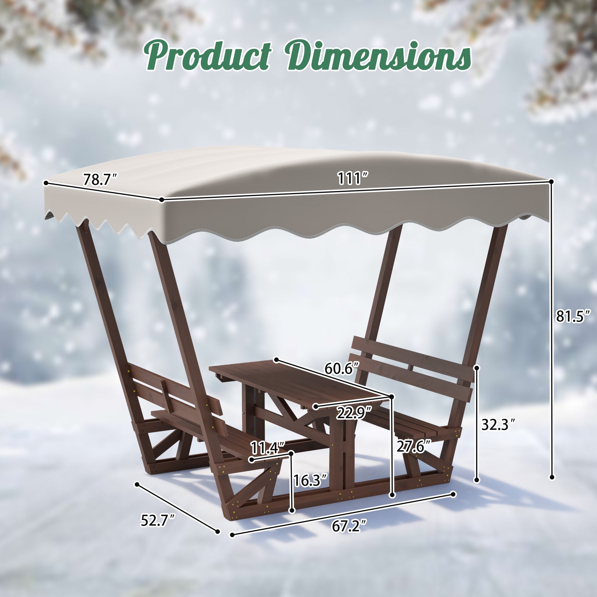 Outdoor Waterproof Solid Wood Picnic Table and Bench Set with Removable Canopy