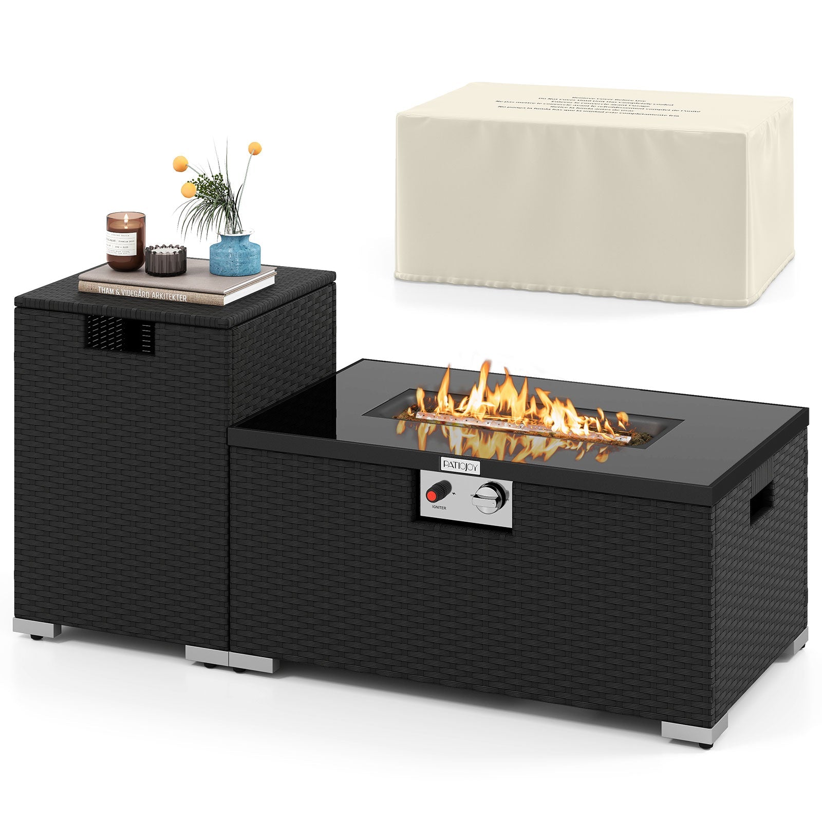 2-Piece Outdoor Rattan Fire Table Set - 32 Inch Rectangle Gas Firepit with Tank Cover - 3 colors