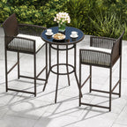 3 Piece Patio Bar Set - Outdoor Wicker Bar Height Round Table and Armchair Barstools