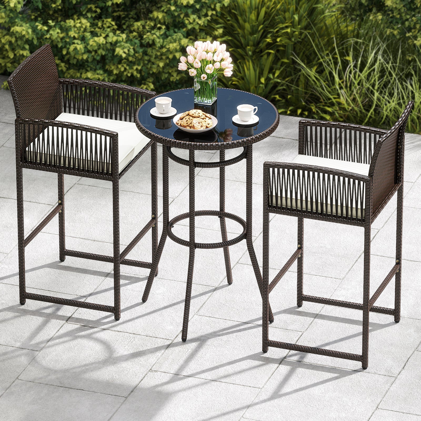 3 Piece Patio Bar Set - Outdoor Wicker Bar Height Round Table and Armchair Barstools
