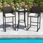 3 Piece Patio Bar Set - Outdoor Wicker Bar Height Round Table and Armchair Barstools