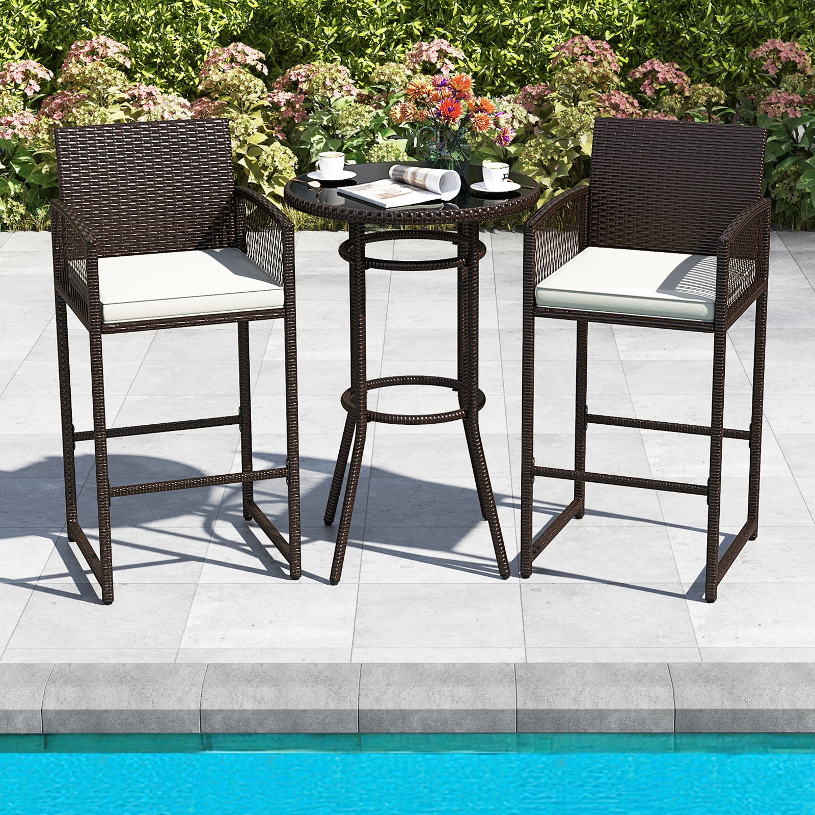 3 Piece Patio Bar Set - Outdoor Wicker Bar Height Round Table and Armchair Barstools