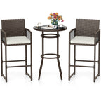 3 Piece Patio Bar Set - Outdoor Wicker Bar Height Round Table and Armchair Barstools