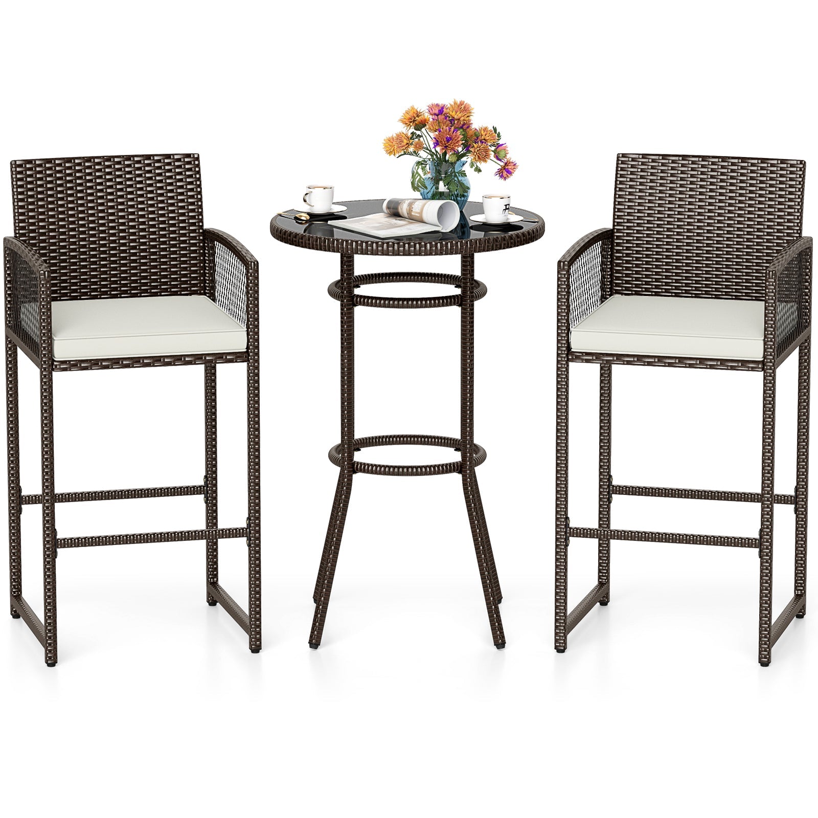 3 Piece Patio Bar Set - Outdoor Wicker Bar Height Round Table and Armchair Barstools