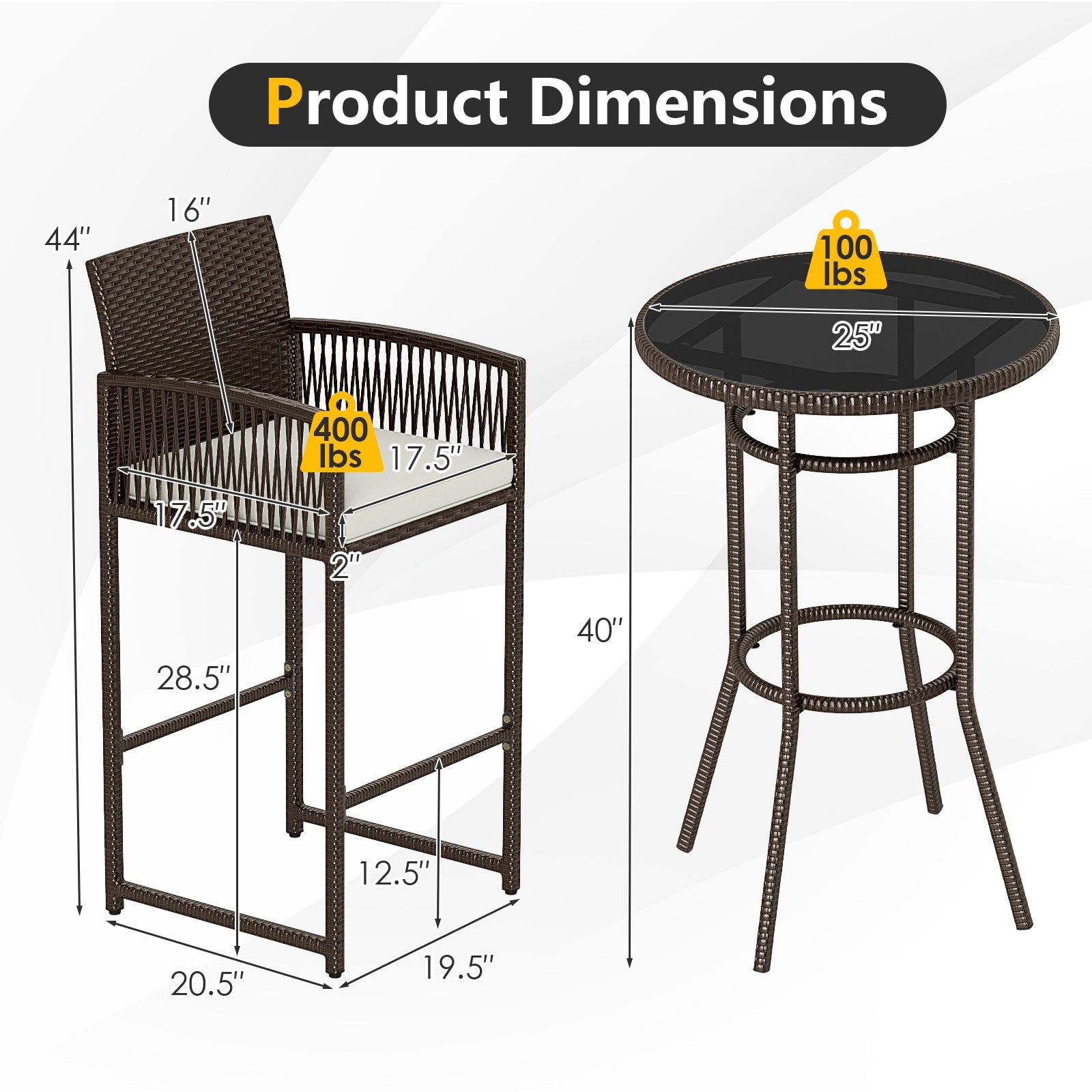 3 Piece Patio Bar Set - Outdoor Wicker Bar Height Round Table and Armchair Barstools