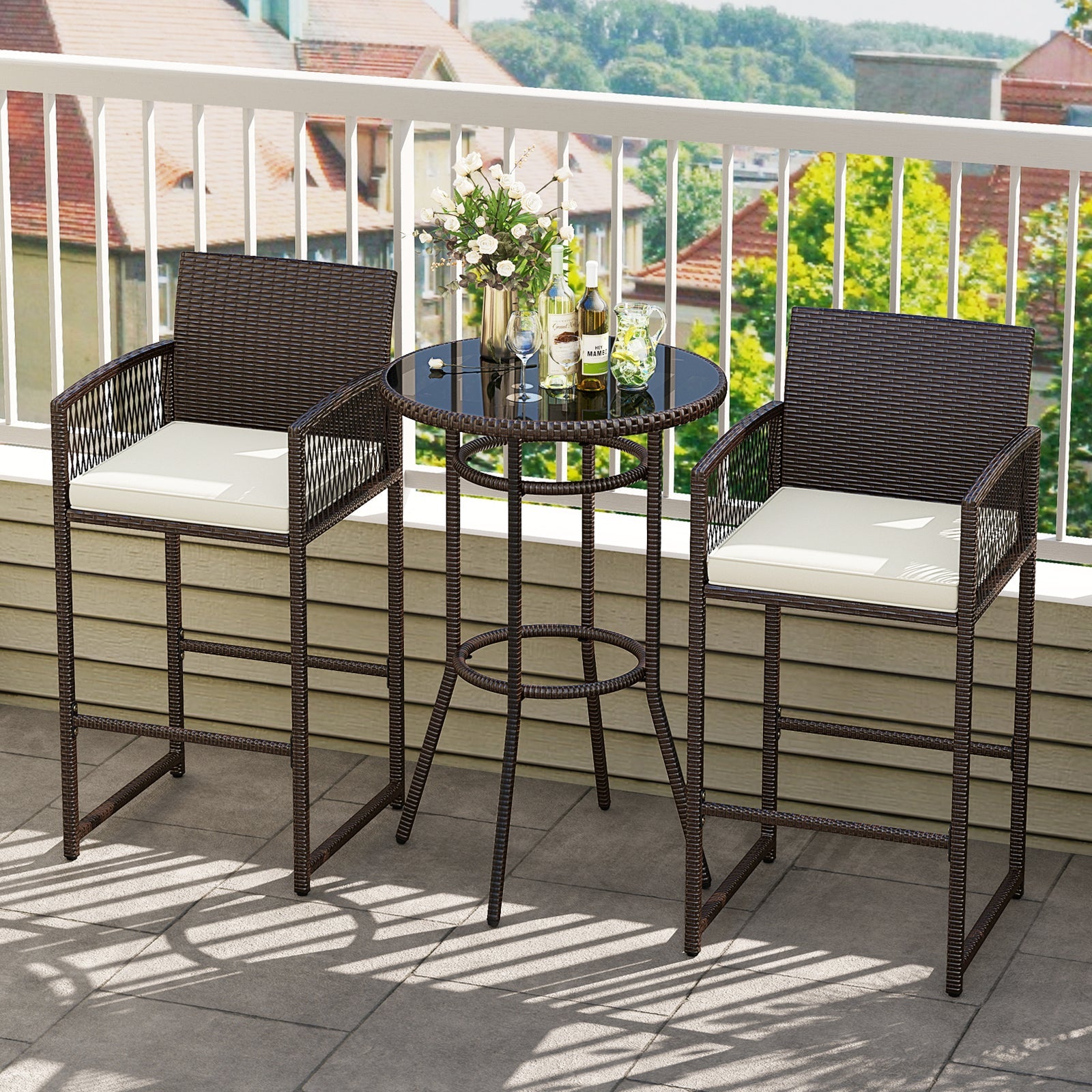 3 Piece Patio Bar Set - Outdoor Wicker Bar Height Round Table and Armchair Barstools
