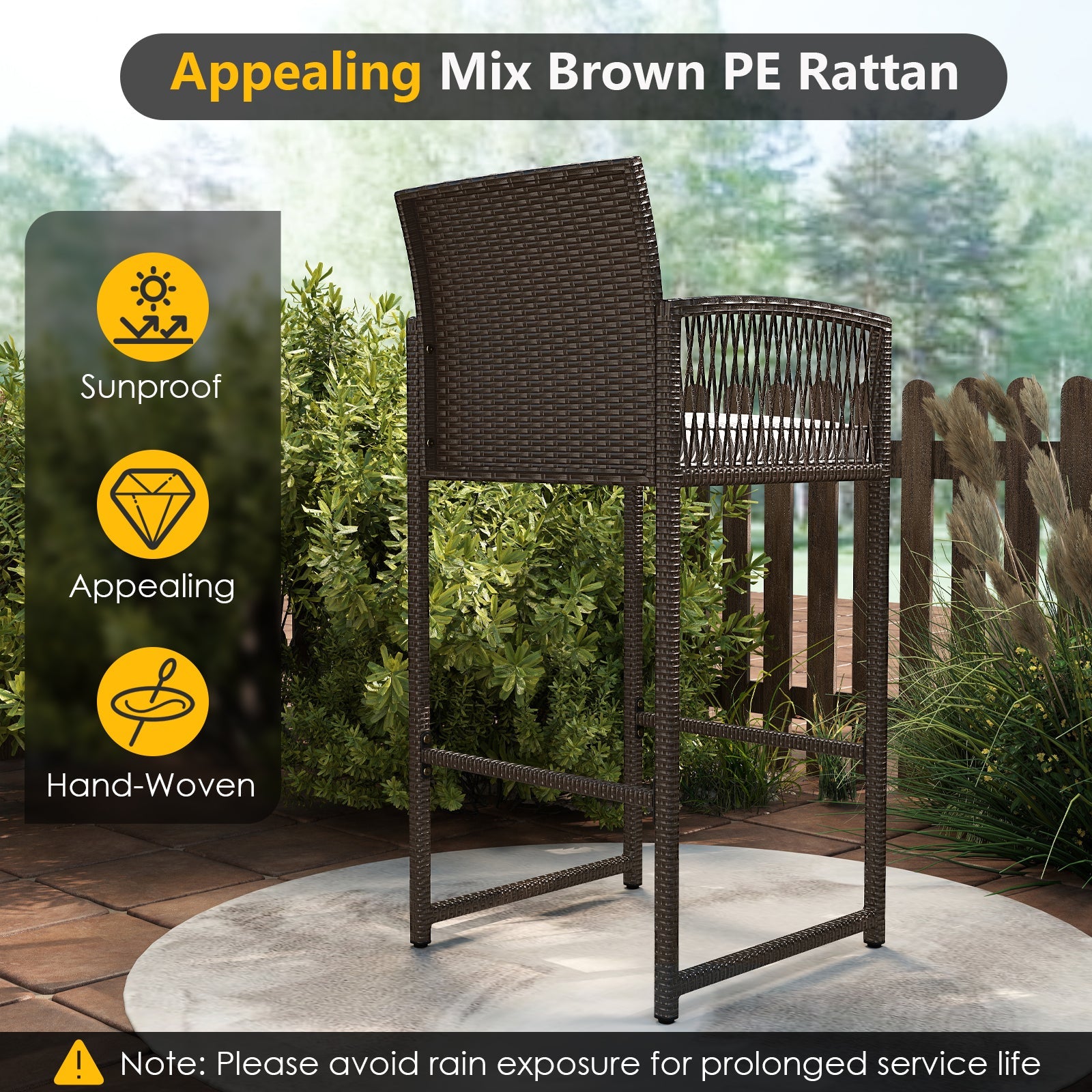 3 Piece Patio Bar Set - Outdoor Wicker Bar Height Round Table and Armchair Barstools