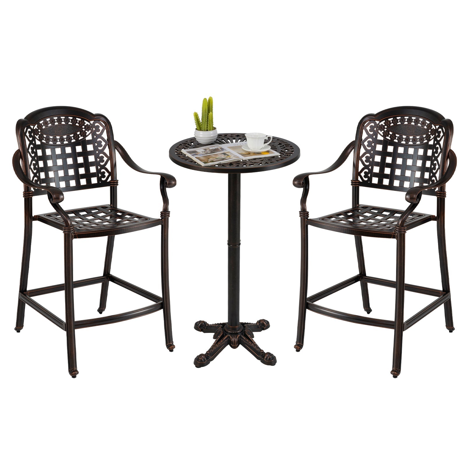 Outdoor 3 Piece Patio Bar Set  - Cast Aluminum Round High Top Table  - 2 Counter Height Bar Stools