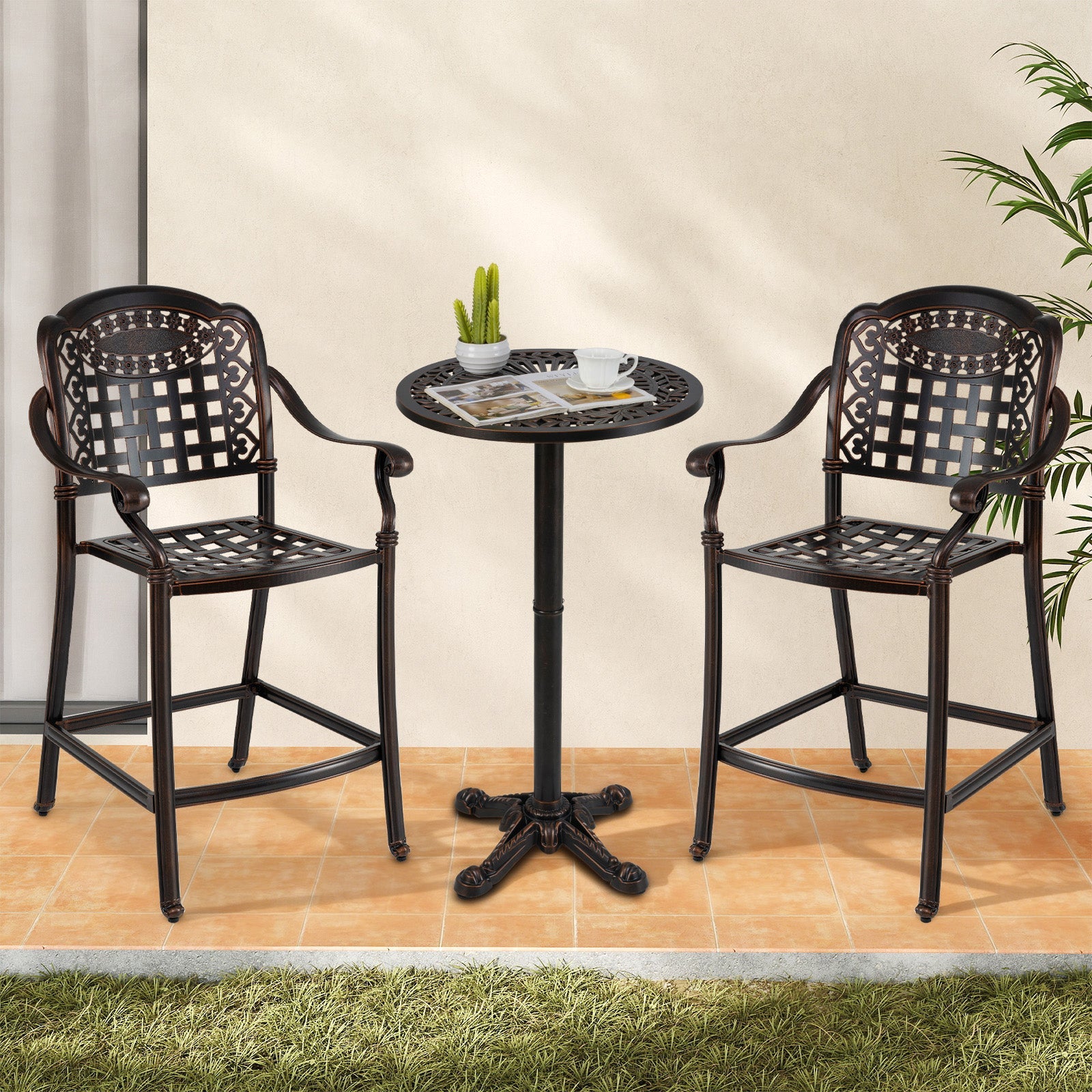 Outdoor 3 Piece Patio Bar Set  - Cast Aluminum Round High Top Table  - 2 Counter Height Bar Stools