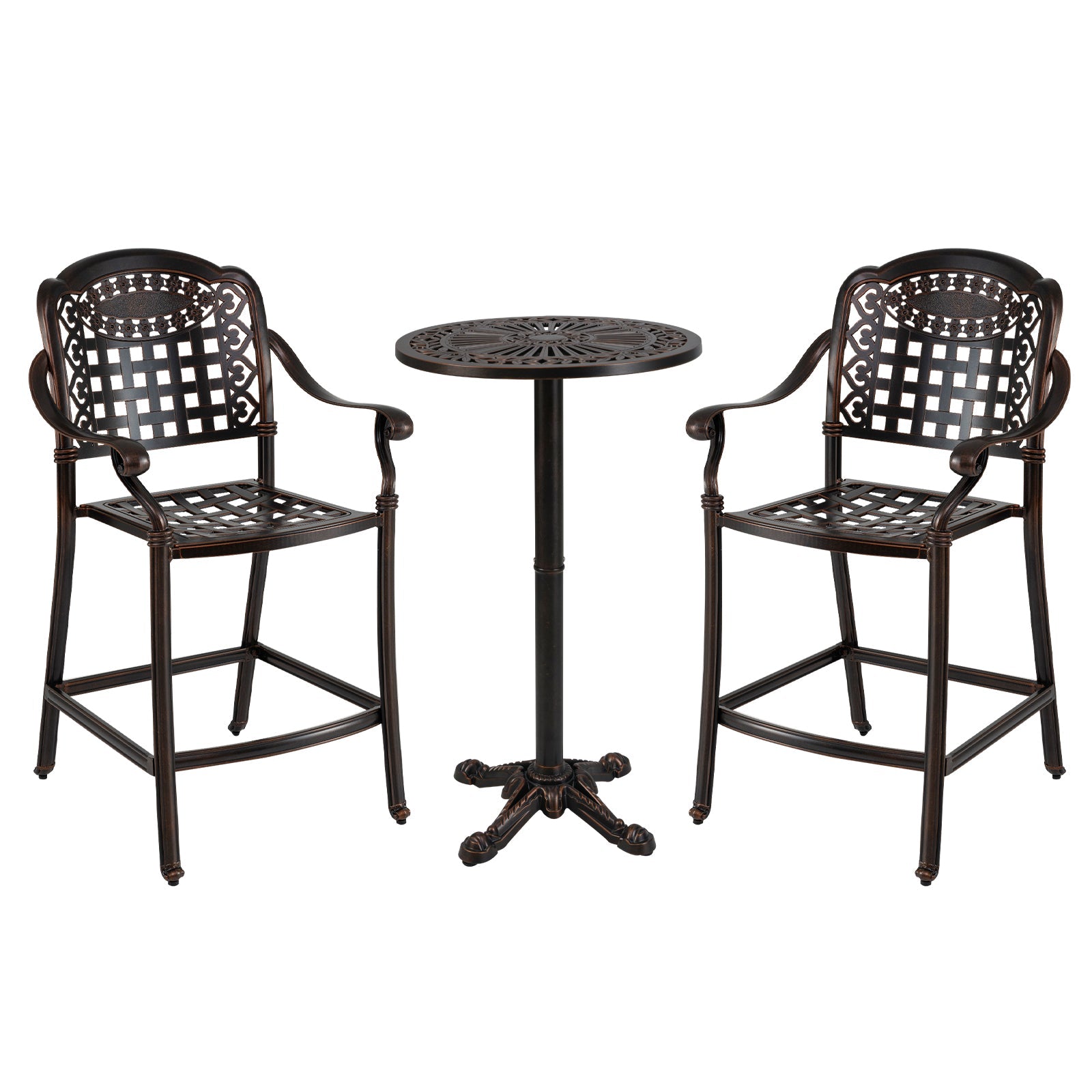 Outdoor 3 Piece Patio Bar Set  - Cast Aluminum Round High Top Table  - 2 Counter Height Bar Stools