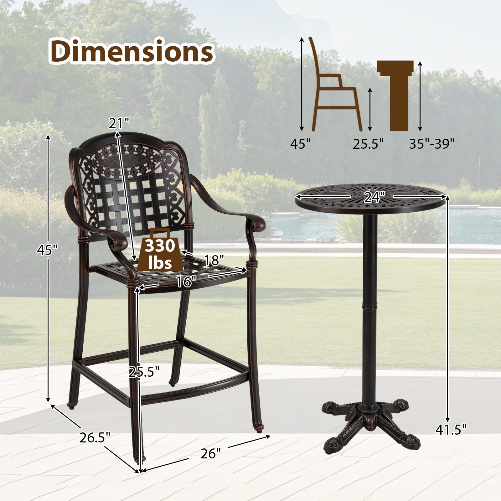 Outdoor 3 Piece Patio Bar Set  - Cast Aluminum Round High Top Table  - 2 Counter Height Bar Stools