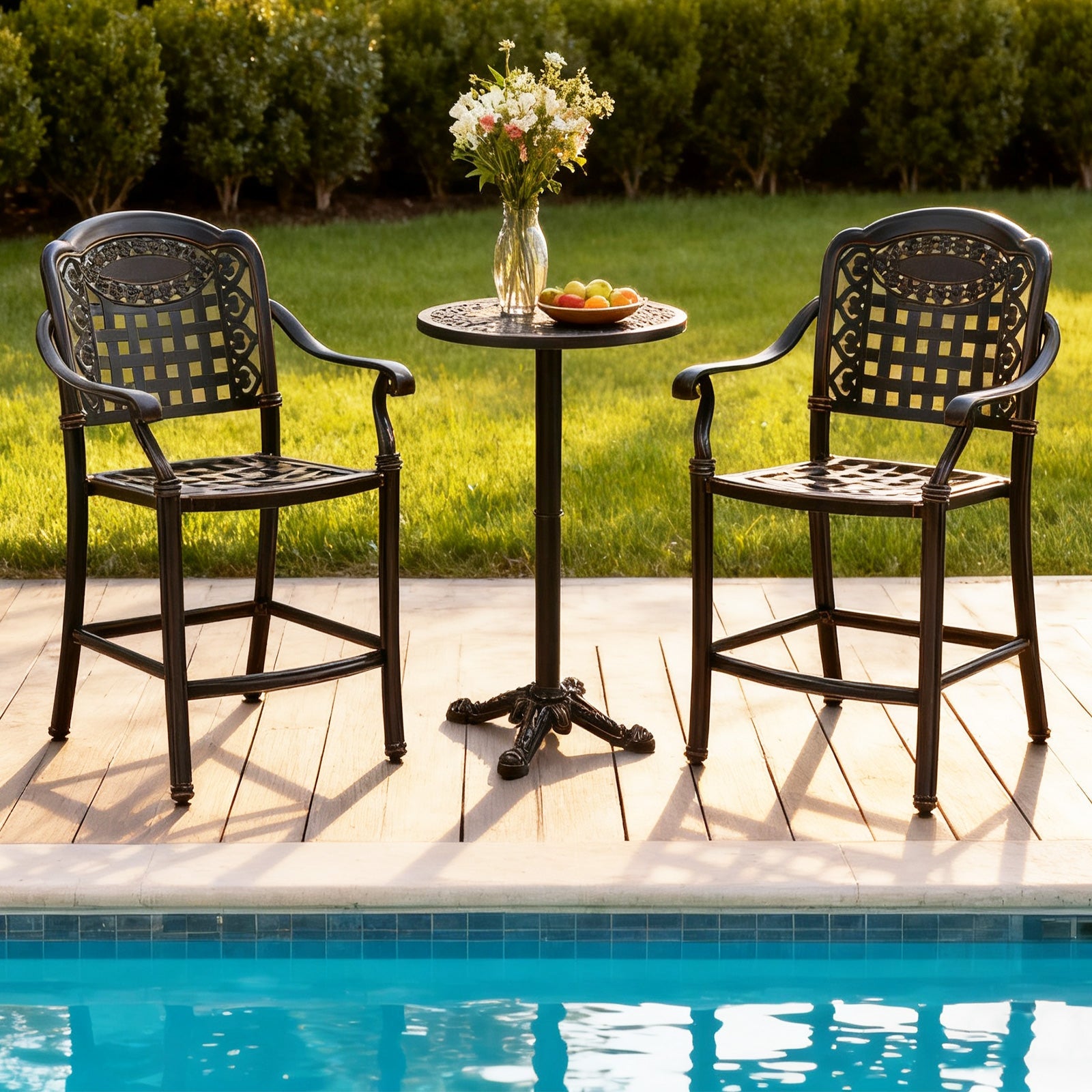 Outdoor 3 Piece Patio Bar Set  - Cast Aluminum Round High Top Table  - 2 Counter Height Bar Stools