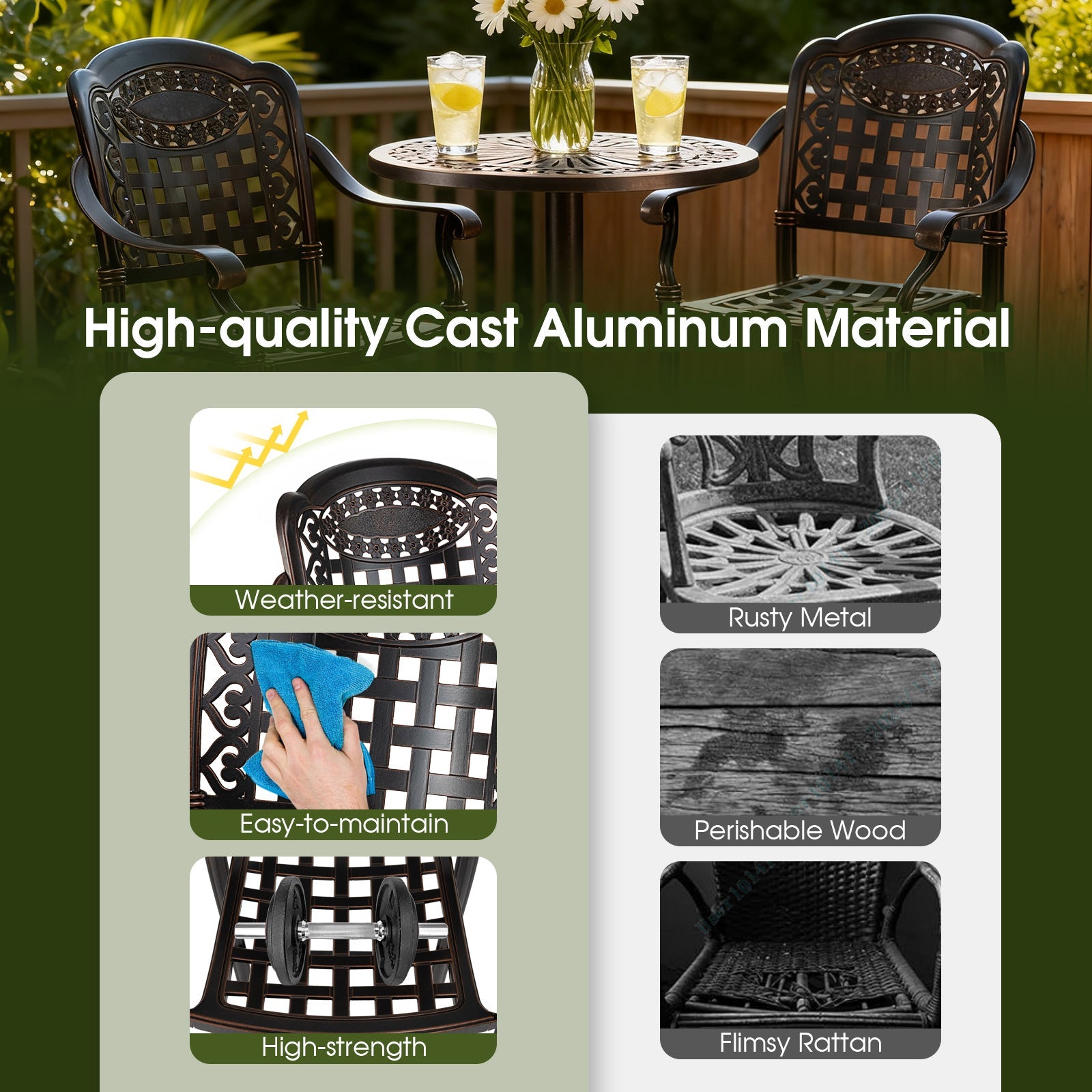 Outdoor 3 Piece Patio Bar Set  - Cast Aluminum Round High Top Table  - 2 Counter Height Bar Stools