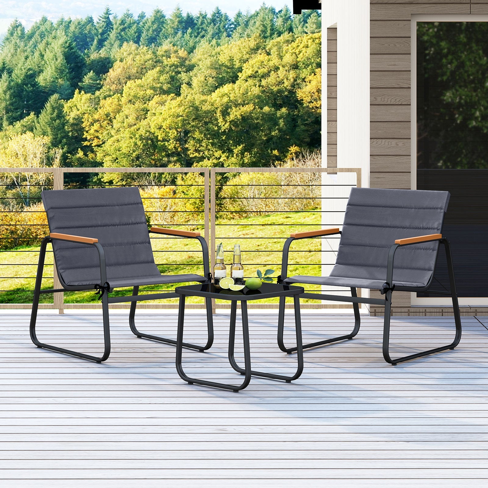 3 Pieces Patio Bistro Set - Fabric Conversation Set-Gray