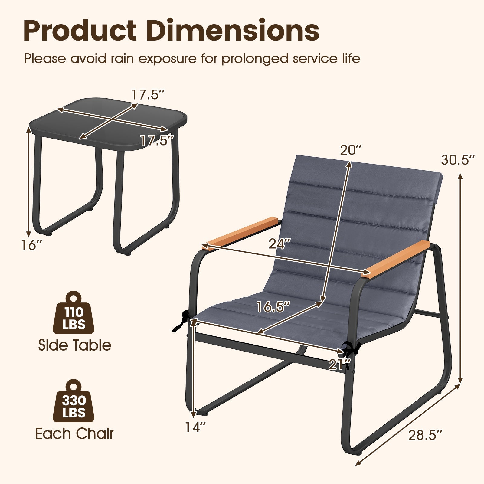 3 Pieces Patio Bistro Set - Fabric Conversation Set-Gray