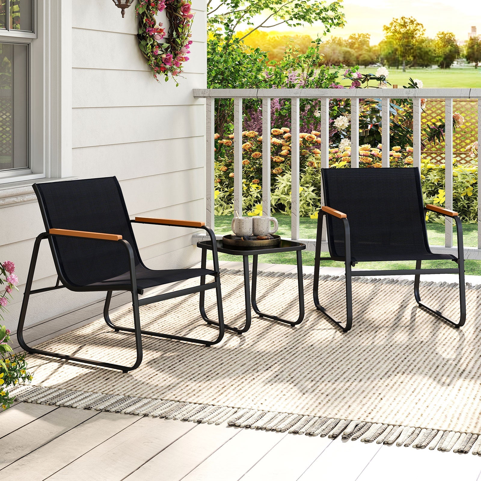 3 Pieces Patio Bistro Set - Fabric Conversation Set-Gray