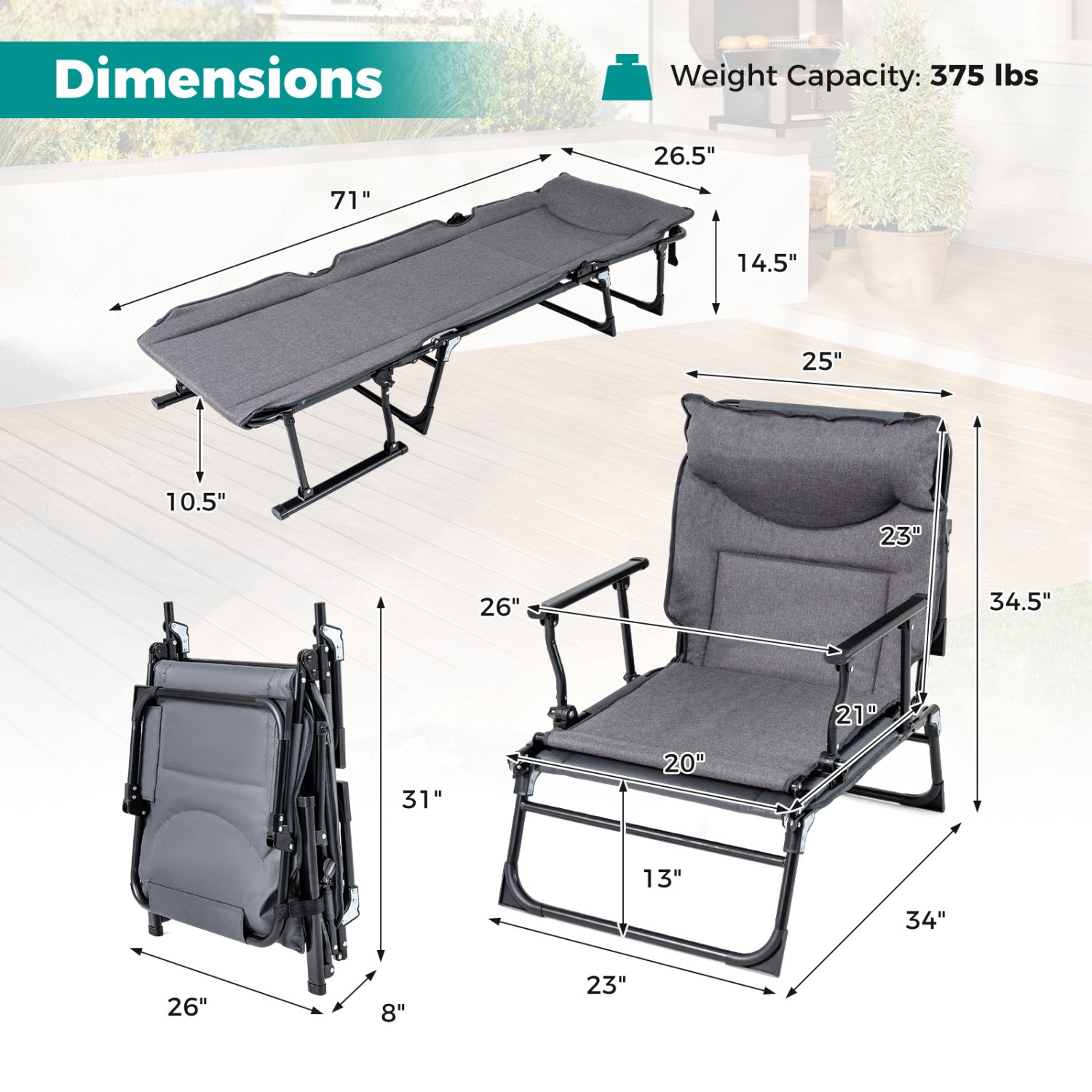 3 in 1 Folding Camping Cot Comfy Padded Convertible Single Sofa Chair-Gray