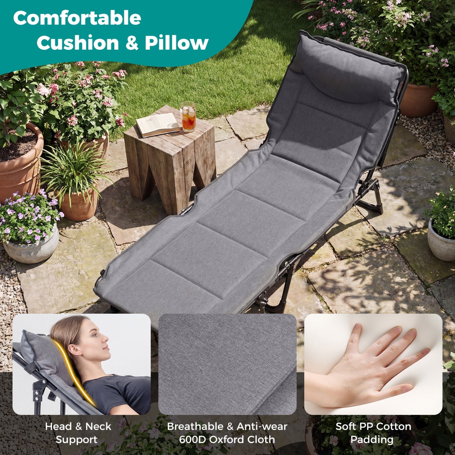 3 in 1 Folding Camping Cot Comfy Padded Convertible Single Sofa Chair-Gray