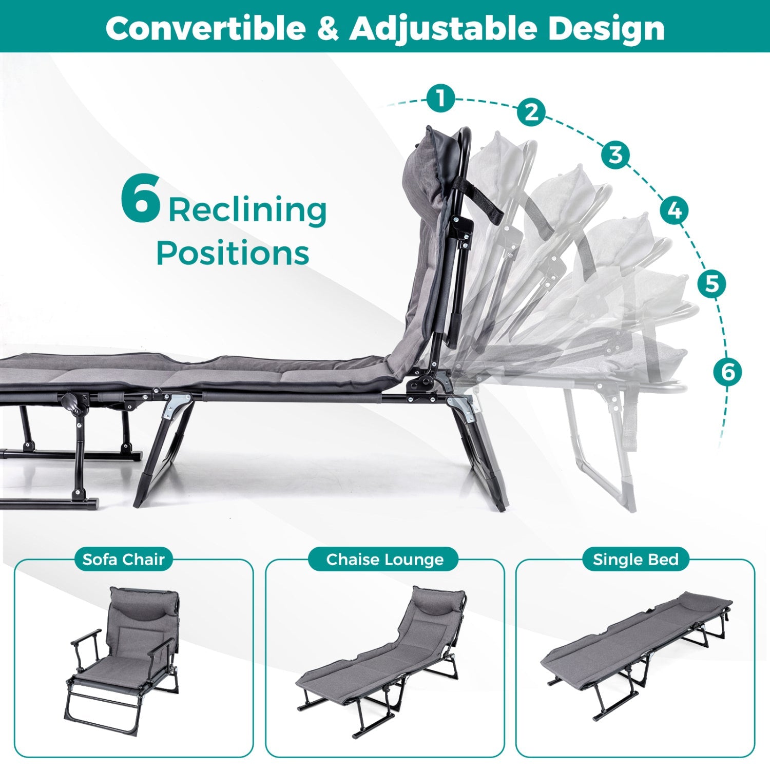 3 in 1 Folding Camping Cot Comfy Padded Convertible Single Sofa Chair-Gray