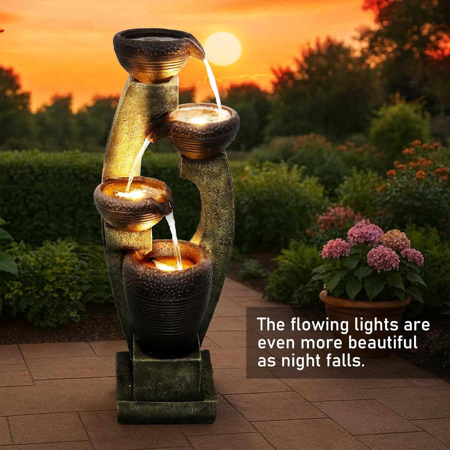 40" Tall Outdoor Water Fountain and Waterfalls - Large Garden Fountain with LED Lights, 4-Tier Crocks, Indoor and Outdoor Fountains for Garden, Patio, Deck, Porch, Backyard and Home, Gray
