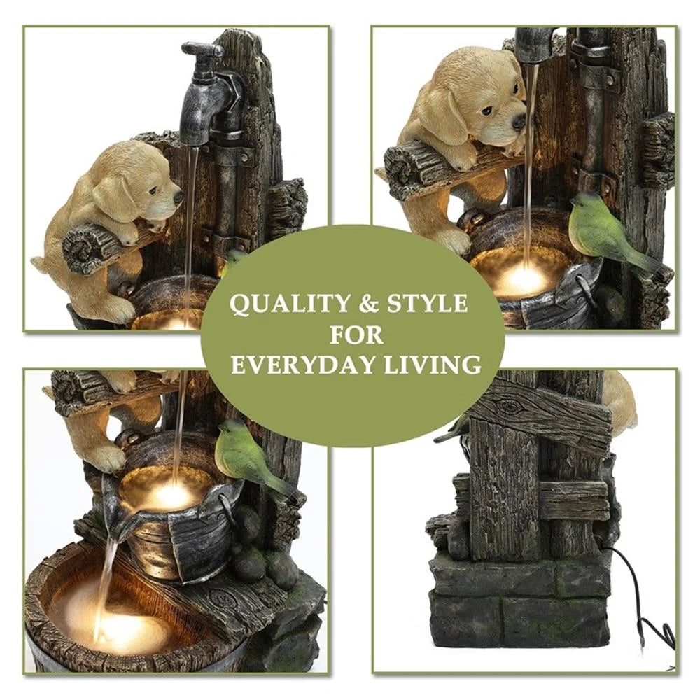 Luxenhome Outdoor Water Fountain, 25 Inch Whimsical Puppy Dog Resin Water Fountains Indoor with LED Lights