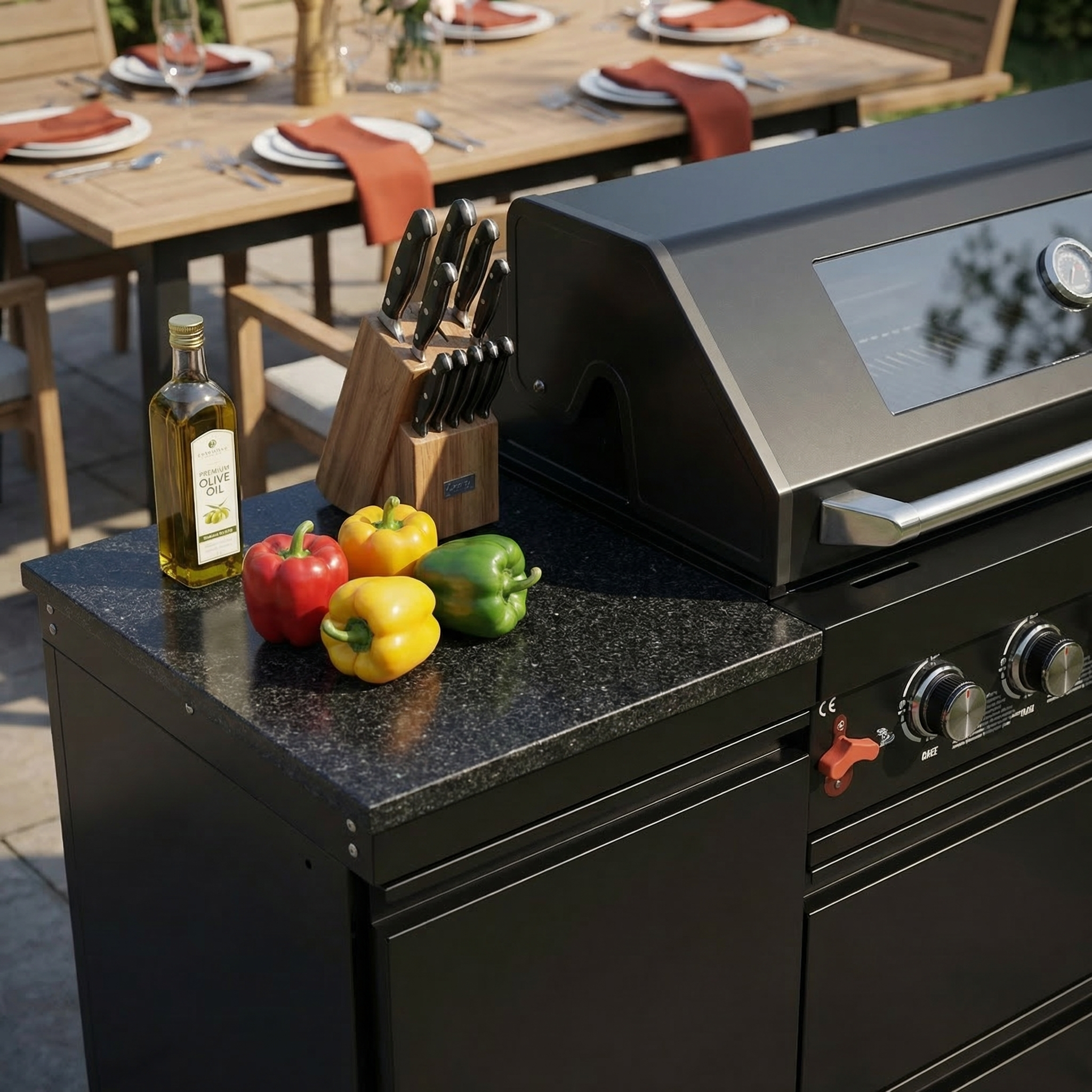 Black 6-Burner 85000 BTU Deluxe Stainless Steel Propane Gas Outdoor Kitchen Barbecue Island Grill with Marble