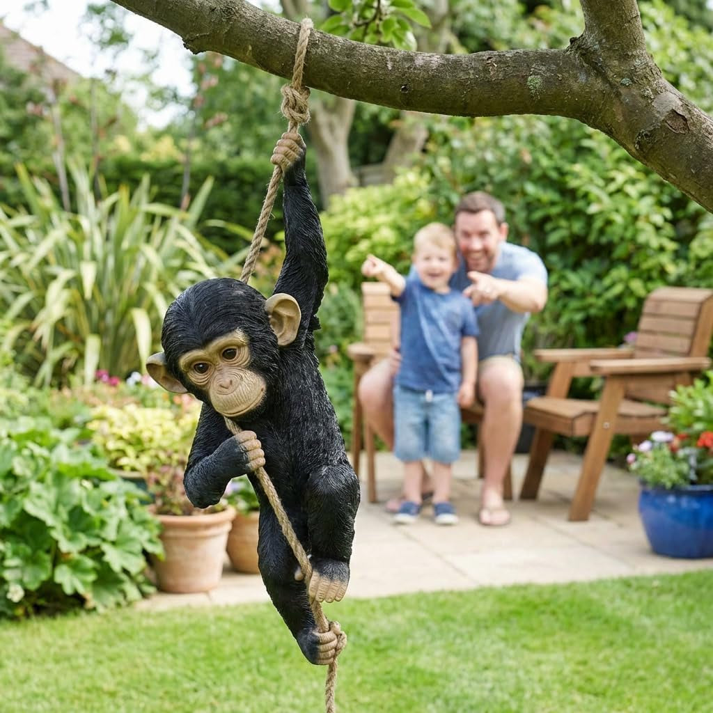 Hanging Monkey Outdoor Decor, Resin Statue on Rope for Front Porch, Patio, Yard, Tree Fence, Garden Ornament, Animal Decoration for outside Spaces, 21.7 In