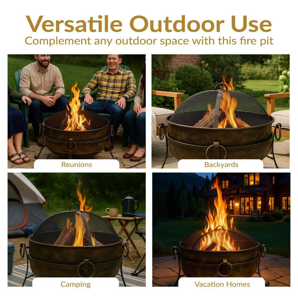 Cauldron 24 In. X 23 In. round Steel Wood Fire Pit with Spark Screen in Black