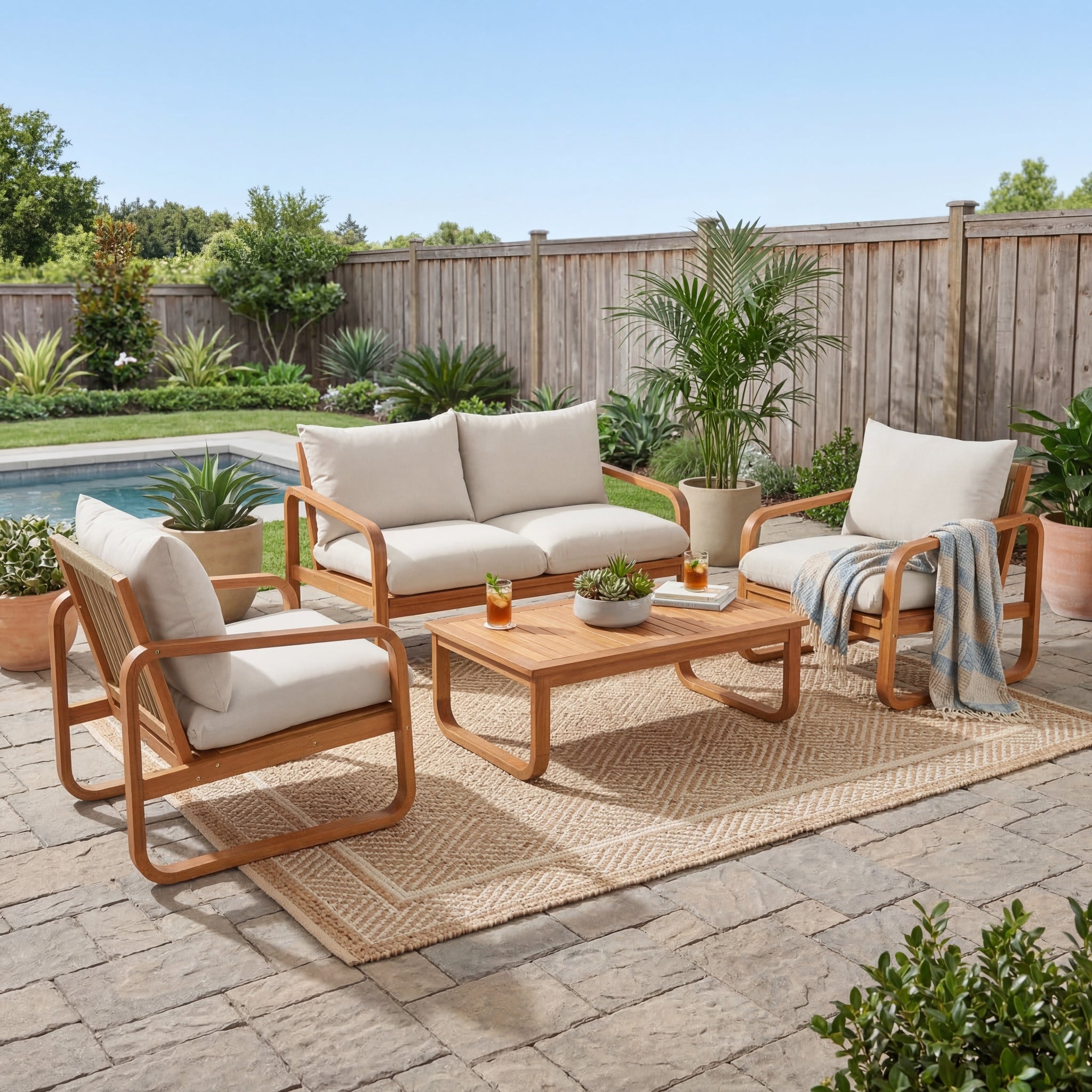 4-Piece Acacia Wood Outdoor Patio Furniture Set with Thick Cushions