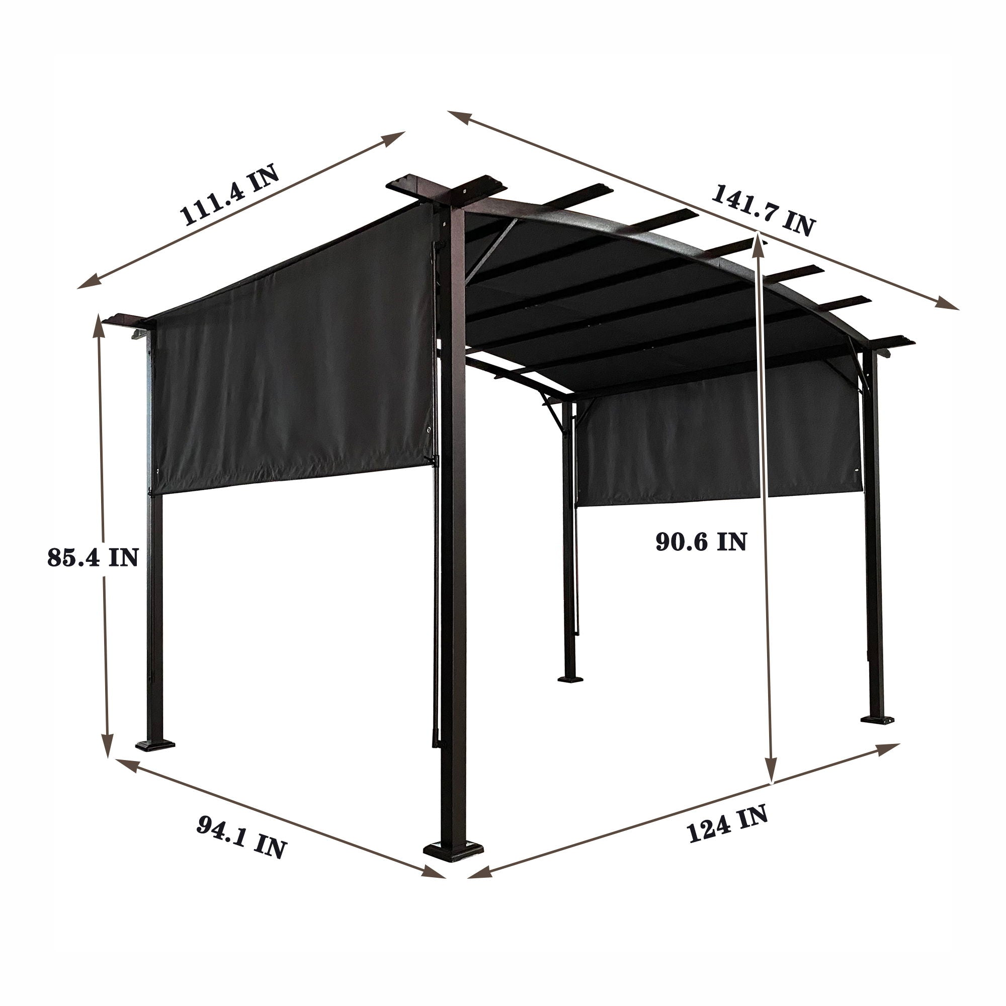 12' x 9' Outdoor Patio Pergola Gazebo - Steel Frame Sun Shelter With Retractable Canopy
